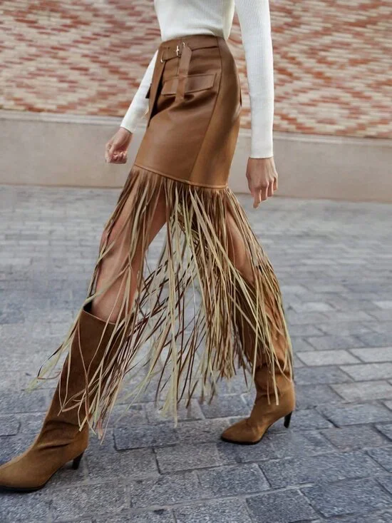 Khaki Bohemian Women's Wrap Midi Skirt Tassel Hem - Picture 6 of 6